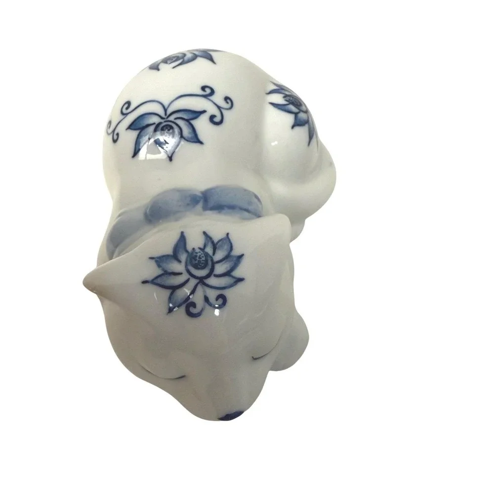Andrea by Sadek Sleeping Cat Figurine Japan Blue White Floral Porcelain Vintage